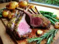 Saftig lammracks med örtpanering, serverad med rostade potatisar och gröna bönor. Ett perfekt lammracks recept för en festmåltid.