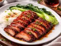 Skivat, glaserat fläsk med ris och pak choi, doftande av fem kryddor.
