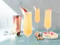 Tre eleganta glas med en ljusgul drink med gin och prosecco, garnerade med en tunn skiva röd frukt och en kvist.