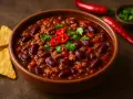 En skål med mustig chili con carne, toppad med färsk chili och koriander. Tortillachips och hela chilifrukter i bakgrunden.