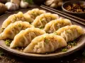 En tallrik med åtta gyllene dumplings, toppade med grön lök och sesamfrön. Perfekt för ett dumplings recept!