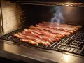 Rader av saftigt bacon ligger på ett galler i ugnen, och en tunn strimma rök stiger upp.