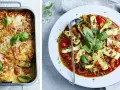 En gratinerad auberginegratäng i form och en tallrik med grillad halloumi i tomatsås. Två härliga vegetariska recept.