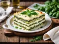 En saftig lasagne med spenat och ost, perfekt att servera med ett glas vitt vin till lasagne.