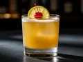 En sval amaretto sour med citronskiva och körsbär, perfekt för en avslappnad kväll.