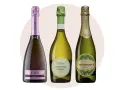 Tre flaskor mousserande vin: en rosa Cava, en grön Prosecco och en gyllene ekologisk Brut. Perfekt vin till torskrygg.