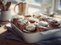 Färska kanelbullar med glasyr i en form, redo att avnjutas. Kanske bakade av Camilla Hamid?