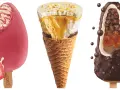 Tre läckra glassnyheter 2026: en rosa Solero med jordgubb, en våffla med karamell och nötter, samt en chokladglass med krispiga kulor.