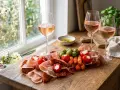En härlig bricka med charkuterier, oliver och fyllda paprikor, perfekt mat till Valborg. Rosévin i glasen skapar festlig stämning.