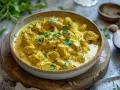 En krämig kycklinggryta med lök och persilja, perfekt för ett snabbt currysås recept.