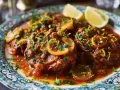 En tallrik med mustig osso buco, garnerad med citron och persilja.