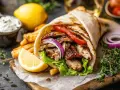 En saftig gyros med grillad kyckling, grönsaker och pommes frites. Perfekt för ett snabbt och gott gyros recept.