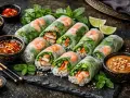 Färska vietnamesiska vårrullar med räkor, grönsaker och nudlar, serverade med en krämig jordnötsås som vietnamesiska vårrullar sås.