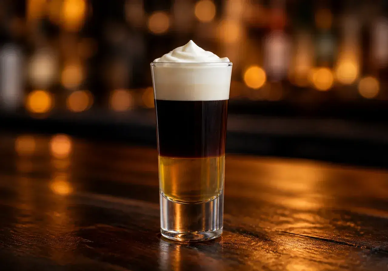 En shot med tre lager: gyllene likör, mörk kaffe och fluffig grädde. En riktig hot shot för en kväll ute.