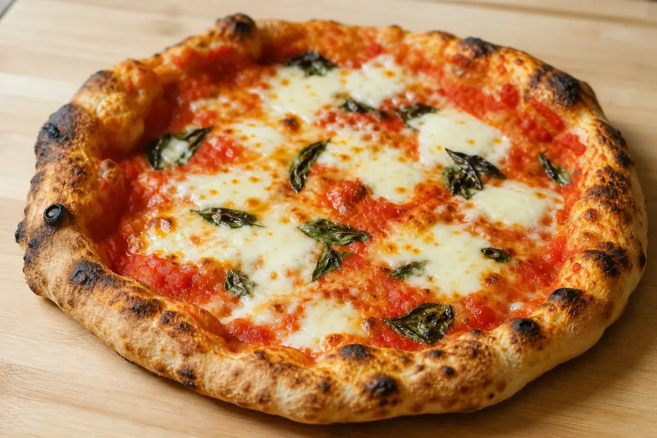 En perfekt napolitansk pizza med bubblig, lätt bränd kant, täckt av tomatsås, mozzarella och färsk basilika.