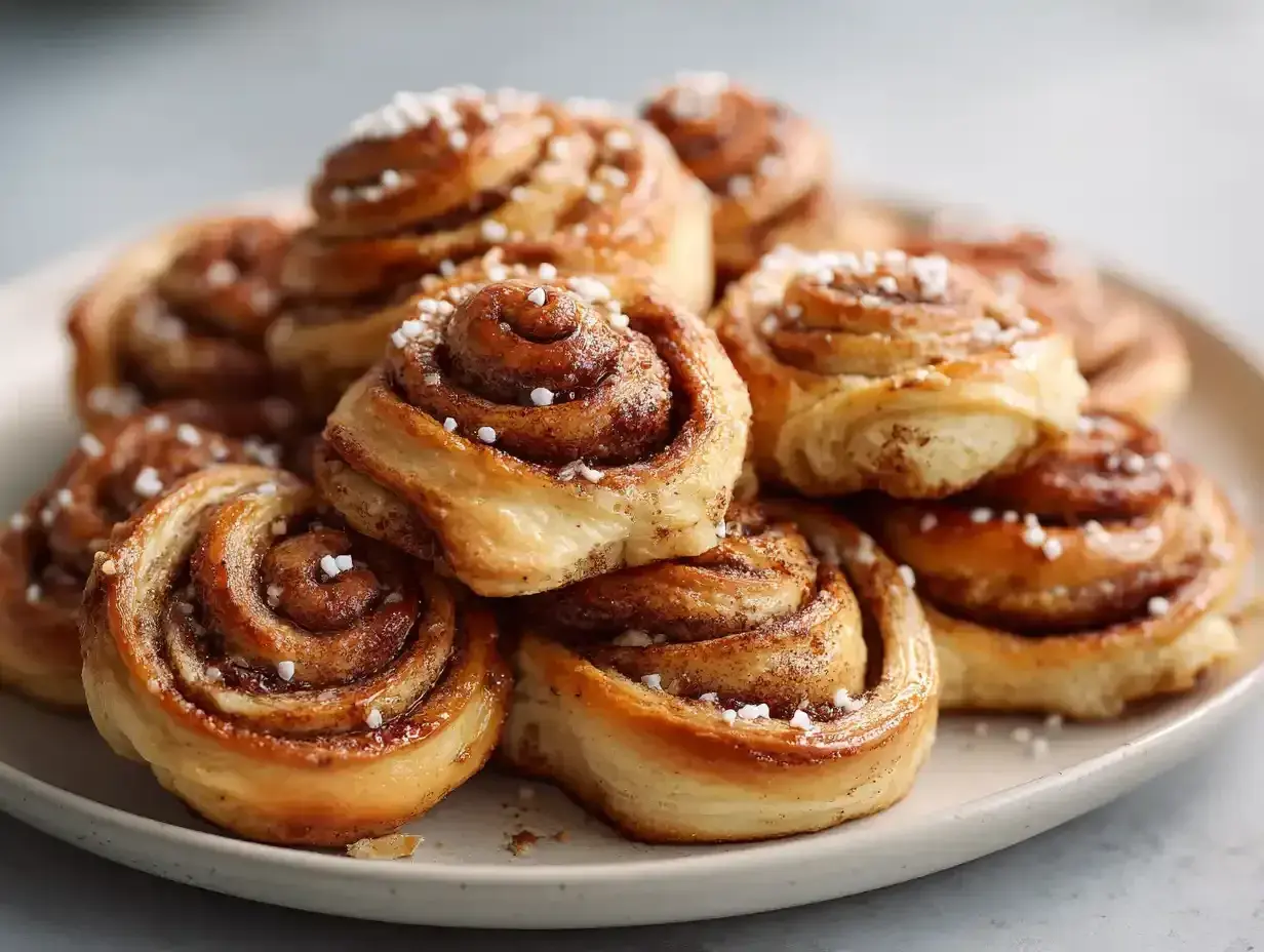 En hög med gyllene, nybakade glutenfria kanelbullar, toppade med pärlsocker. Perfekt för fikat!