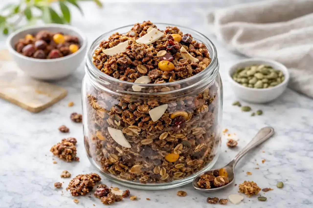En stor burk fylld med hemgjord granola, perfekt för ett hälsosamt frukostrecept. Nötter, frön och torkad frukt syns tydligt.