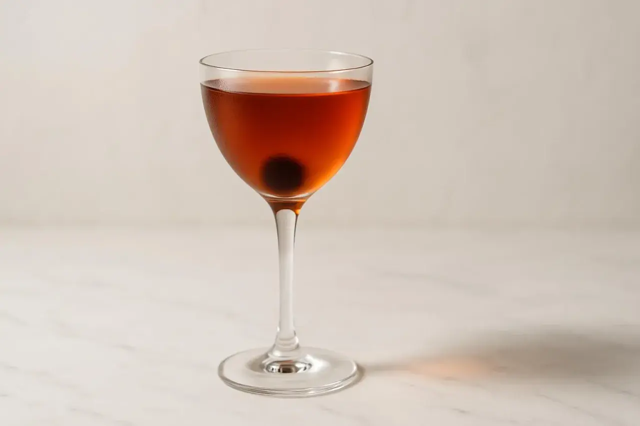 En klassisk manhattan drink med körsbär i ett elegant glas.