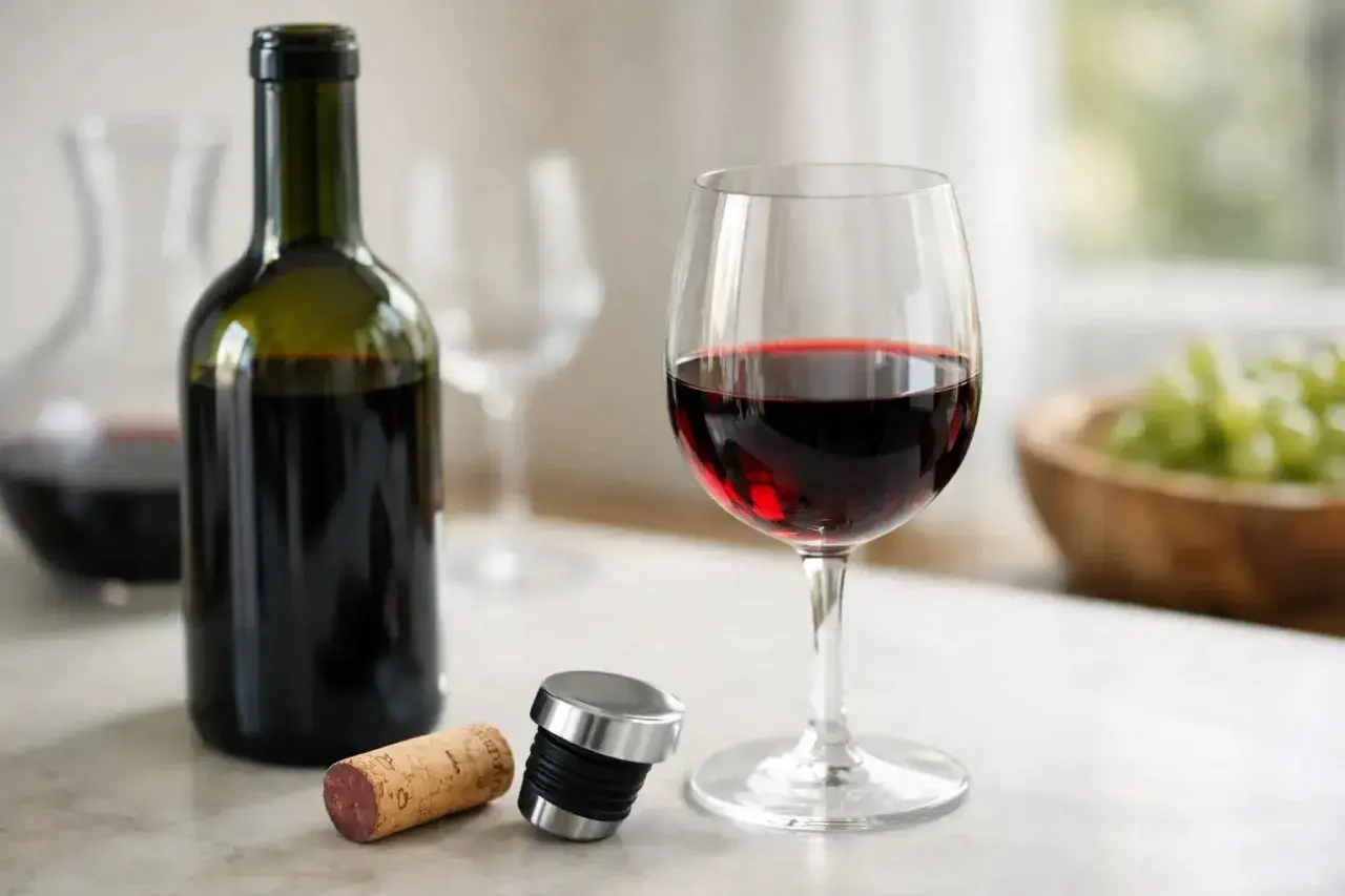 En flaska rött vin, ett glas fyllt med vin, en kork och en vinpropp. Frågan är, kan vin bli gammalt?