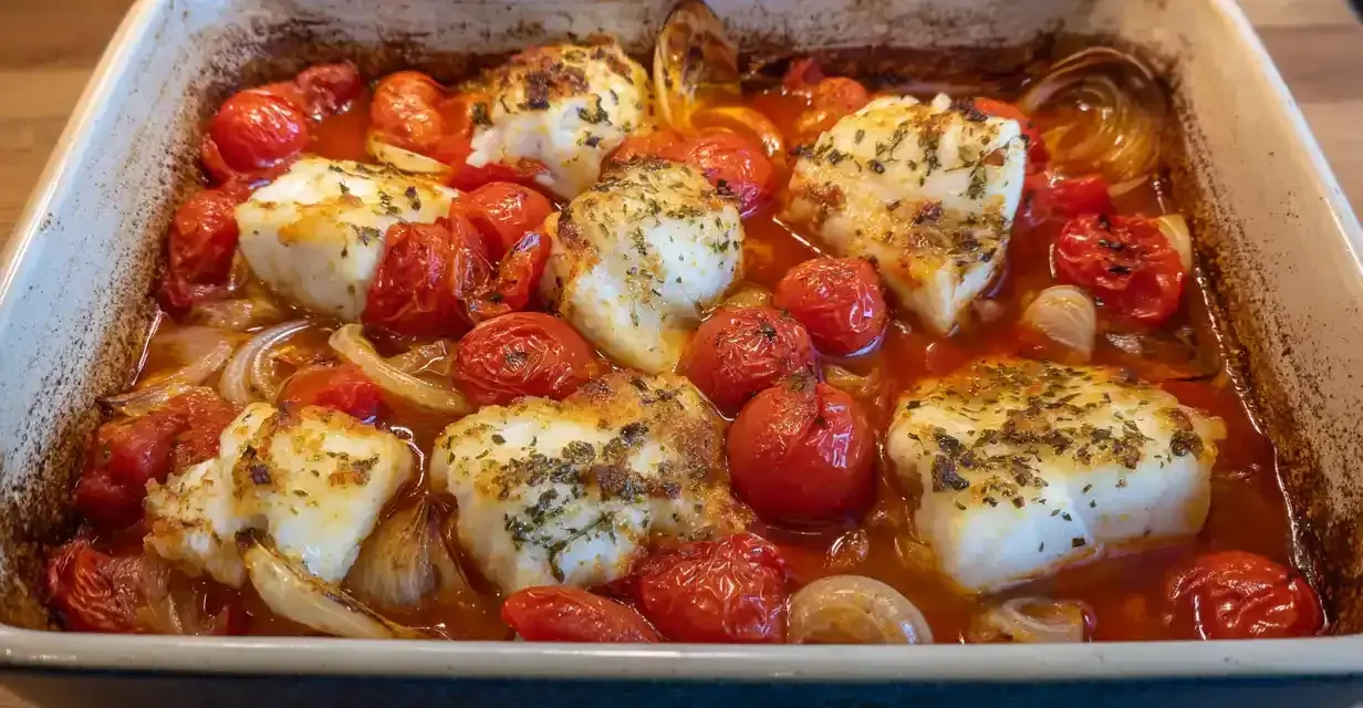 Läckert fisk i ugn med körsbärstomater och lök, doftande av örter. Enkel och god middag.