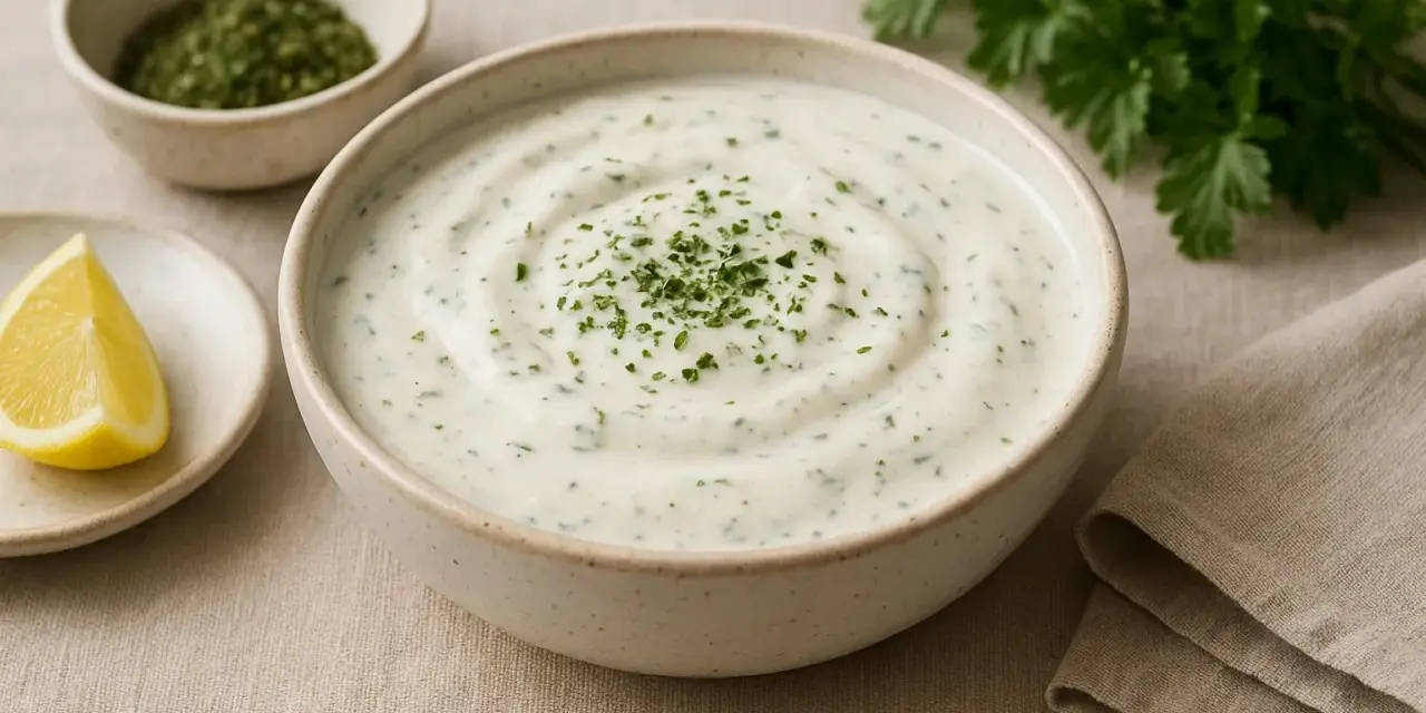 En skål med krämig ranch dressing, garnerad med persilja, bredvid en citronklyfta och en liten skål med torkade örter.