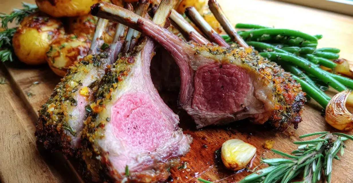 Saftig lammracks med örtpanering, serverad med rostade potatisar och gröna bönor. Ett perfekt lammracks recept för en festmåltid.