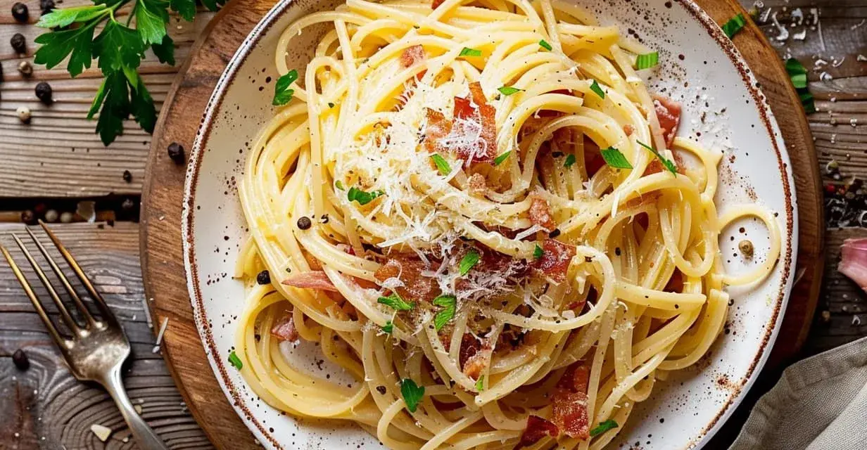 En tallrik krämig spaghetti carbonara, ett klassiskt pasta recept, toppad med parmesan och persilja.