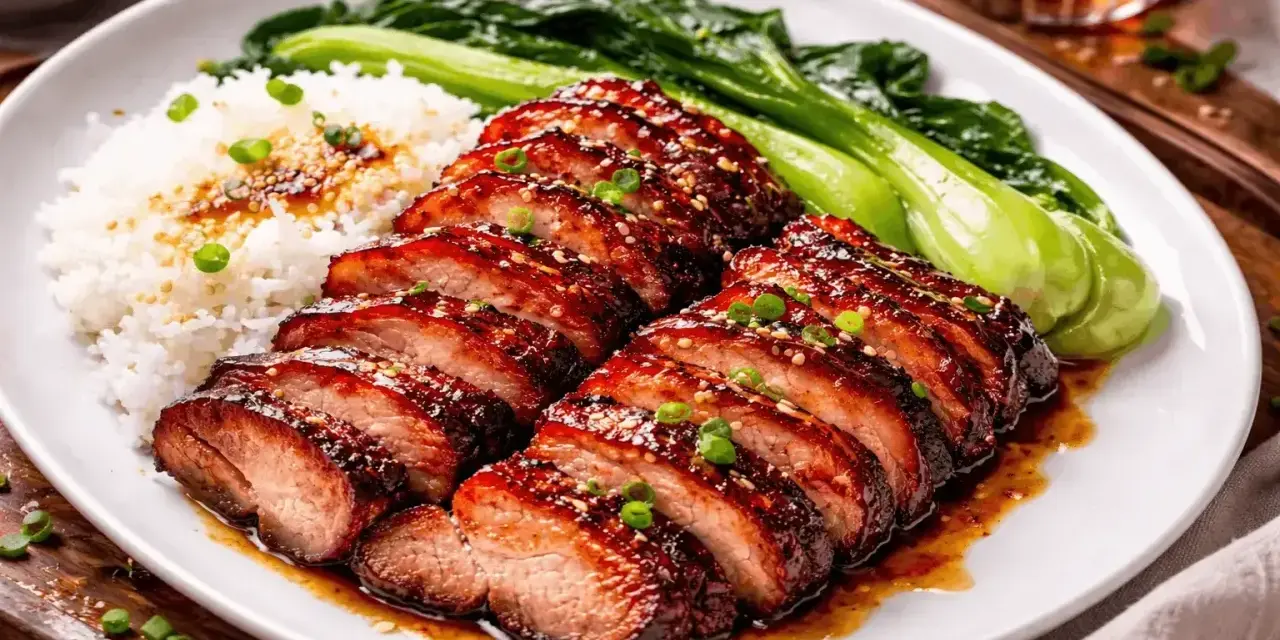 Skivat, glaserat fläsk med ris och pak choi, doftande av fem kryddor.
