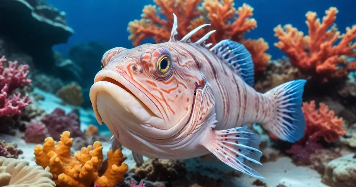 En närbild på en randig fisk med stora ögon simmar bland färgglada koraller. Kanske inspiration för ett gott havskatt recept?