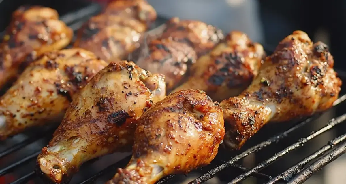 Grillade kycklingklubbor med kryddig jerk chicken-marinad som ryker över glöden.
