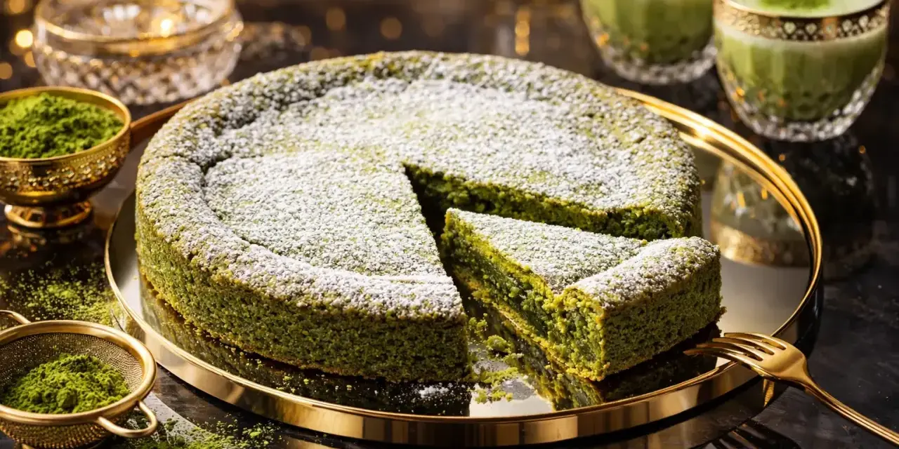 En saftig vit kladdkaka med matcha, pudrad med florsocker. Serveras med matcha latte och gyllene detaljer.