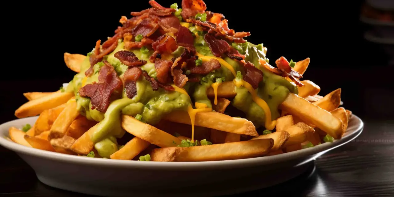 En hög med pommes frites toppad med krämig avokadosås, ost och knaprigt bacon. Dessa "dirty fries" ser otroligt goda ut!