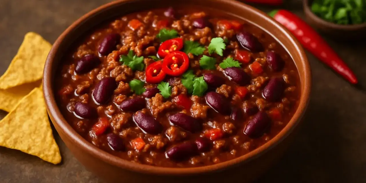 En skål med mustig chili con carne, toppad med färsk chili och koriander. Tortillachips och hela chilifrukter i bakgrunden.