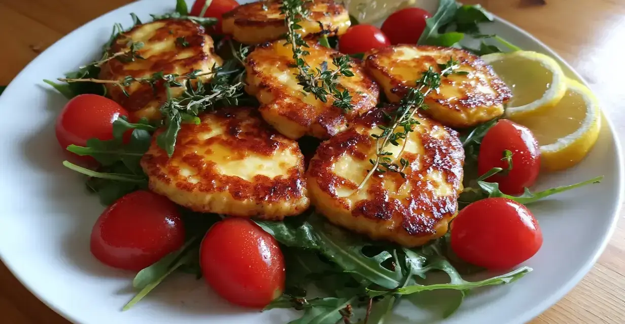 Stekt halloumi med körsbärstomater, ruccola och citron. Ett enkelt och gott halloumi recept som passar perfekt som förrätt eller lätt lunch.