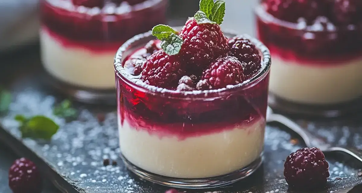 Tre glas med krämig panna cotta toppad med hallon och mynta, pudrad med florsocker.