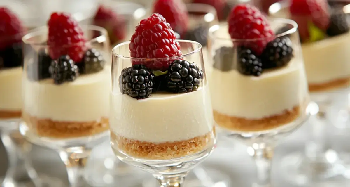 Flera glas med cheesecake i glas, toppade med hallon och björnbär. En läcker dessert för alla tillfällen.