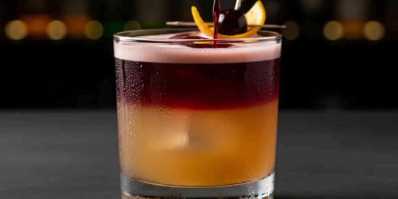 En vackert lagerdelad New York Sour med en körsbärs- och apelsinskalgarnering.