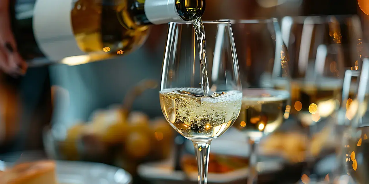 Vitt vin hälls upp i ett glas, perfekt för matlagning eller en festlig middag.