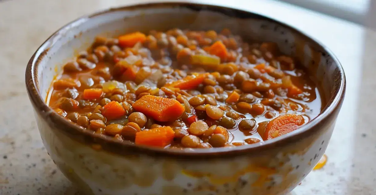 En skål med mustig linsgryta med morötter, perfekt för ett enkelt linsgryta recept.