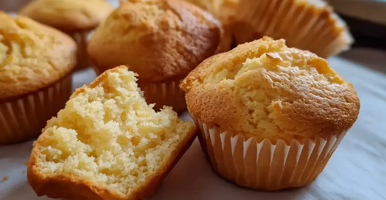 Nybakade, gyllene glutenfria muffins ligger uppradade. En är uppbruten och visar en fluffig insida. Perfekt för fikat!