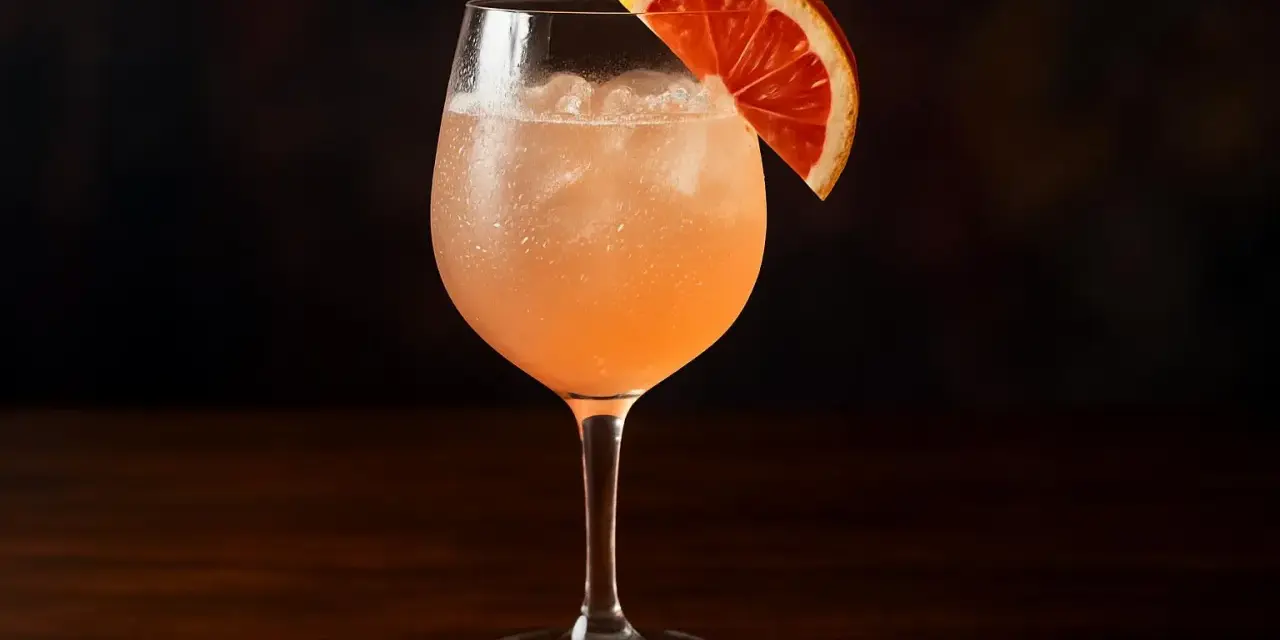 En uppfriskande paloma drink med is och en apelsinskiva som garnering, serverad i ett elegant glas.