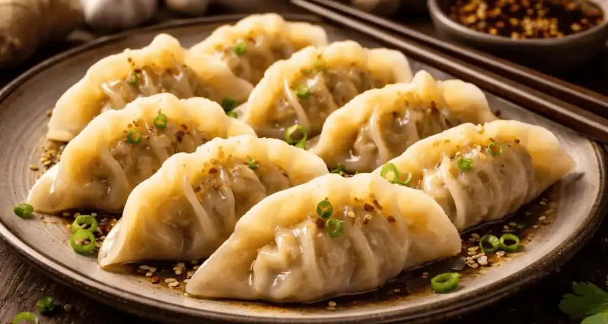 En tallrik med åtta gyllene dumplings, toppade med grön lök och sesamfrön. Perfekt för ett dumplings recept!