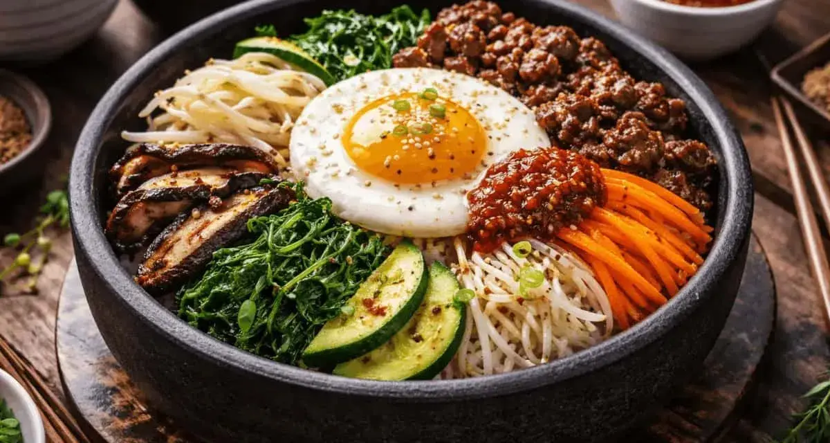 En vacker skål med bibimbap, fylld med ris, grönsaker, köttfärs och ett stekt ägg. Perfekt för ett snabbt och gott bibimbap recept.