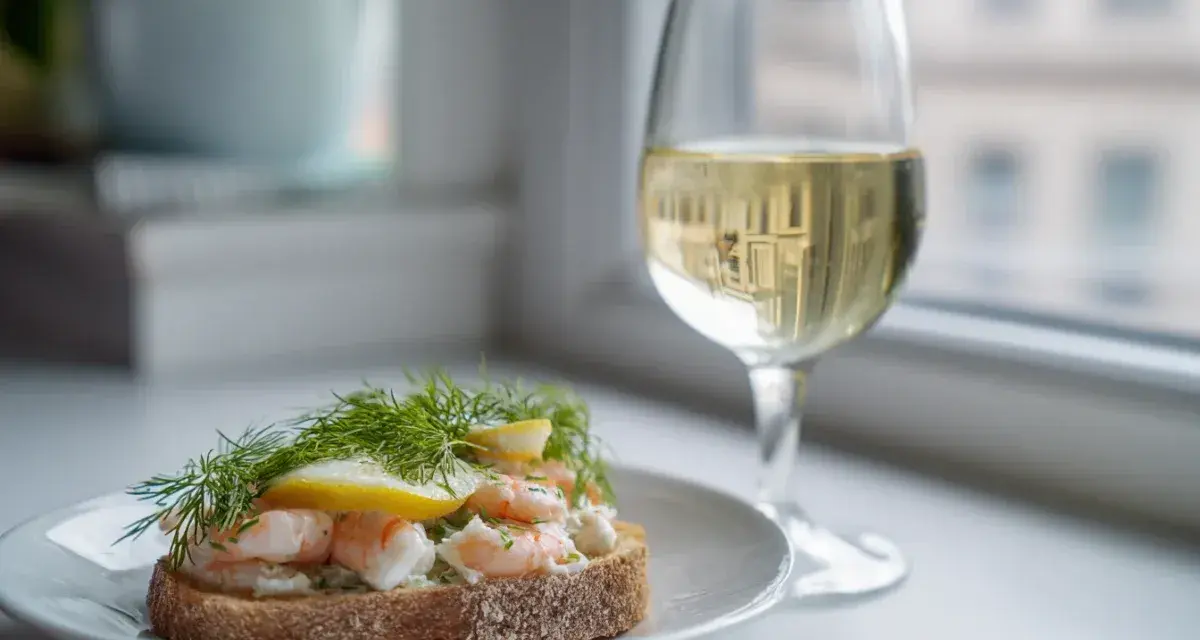 En smörgås med räkor och dill, perfekt med ett glas vitt vin till skaldjur.