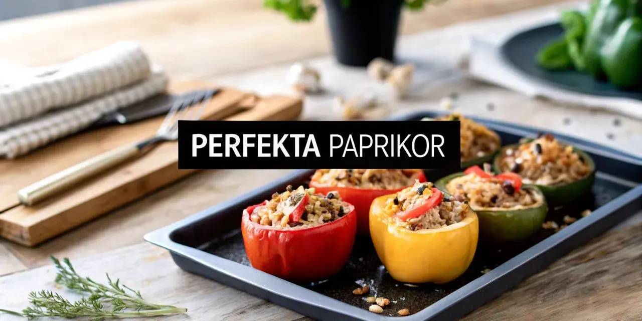 Fyllda paprikor med ris och grönsaker på en plåt, redo att tillagas.