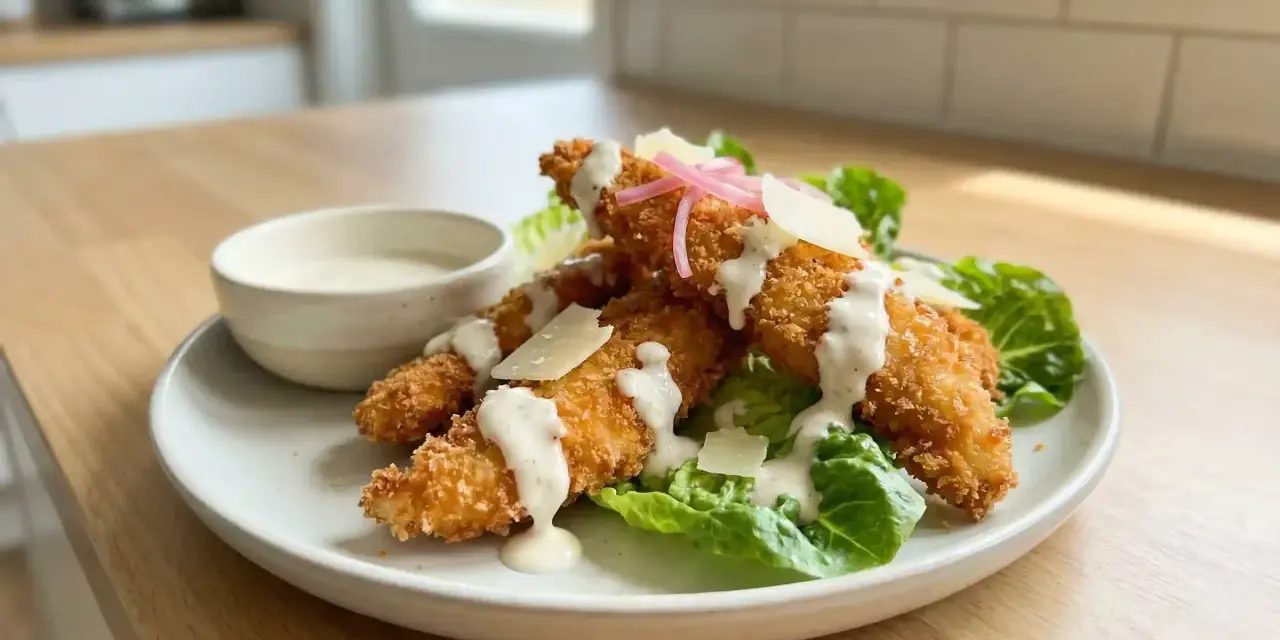 Krispiga bitar av panerad kyckling serveras med sallad, parmesan och en krämig dressing. En härlig rätt som passar perfekt till lunch eller middag.