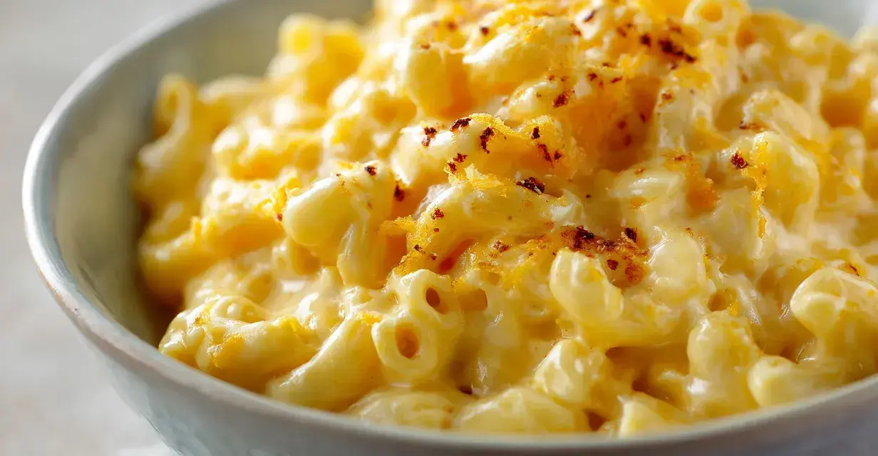 En skål med krämig mac and cheese, toppad med riven ost och lite kryddor. Perfekt comfort food!