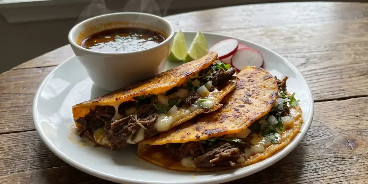 Ångande birria tacos med smält ost, lök och koriander. Serveras med en skål consommé, limeklyftor och rädisor.