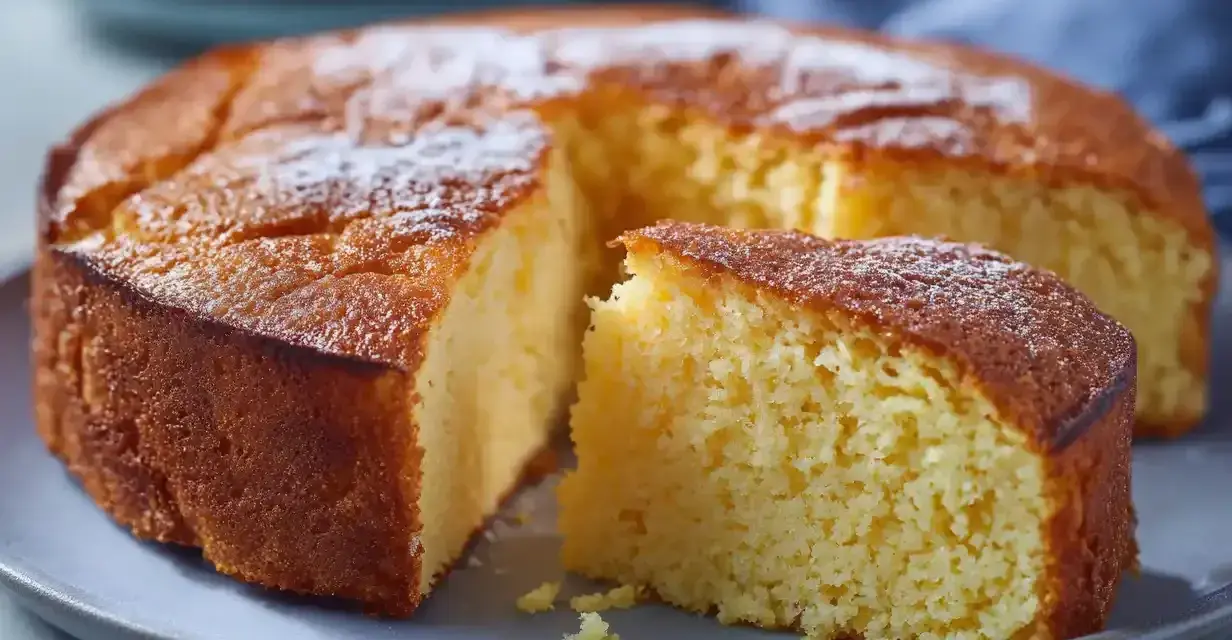 En saftig glutenfri sockerkaka, pudrad med florsocker, ligger på en grå tallrik. En bit är uppskuren.