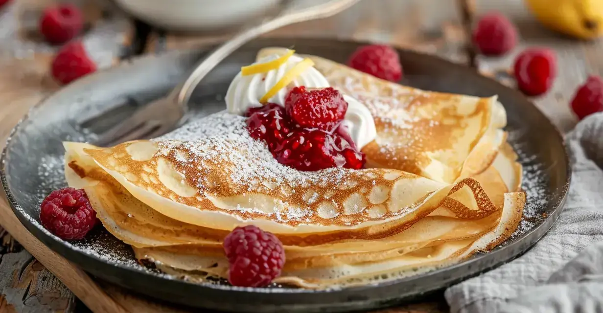 En hög med tunna pannkakor, pudrade med florsocker, toppade med vispgrädde, hallonsylt och färska hallon. Ett perfekt crepes recept för en mysig fika.